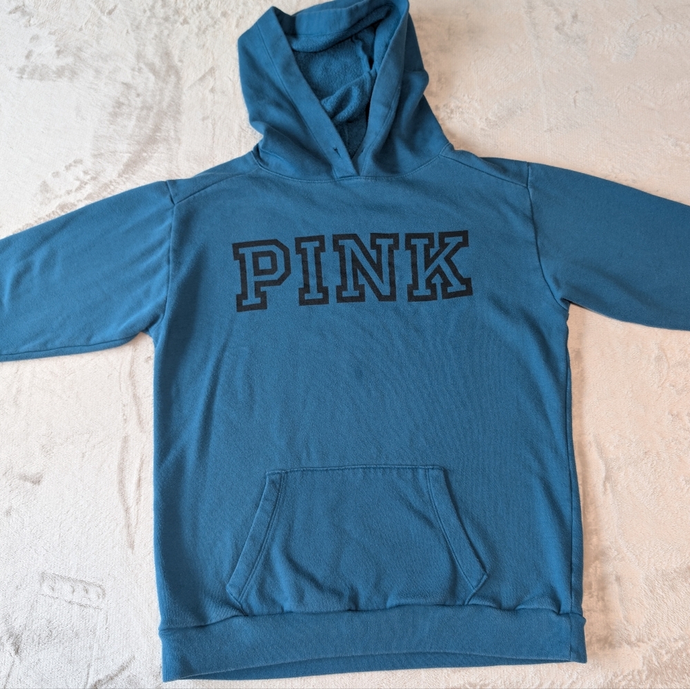 Victoria's Secret VS PINK Hoodie Sweatshirt Teal Black Spellout Logo XS Campus